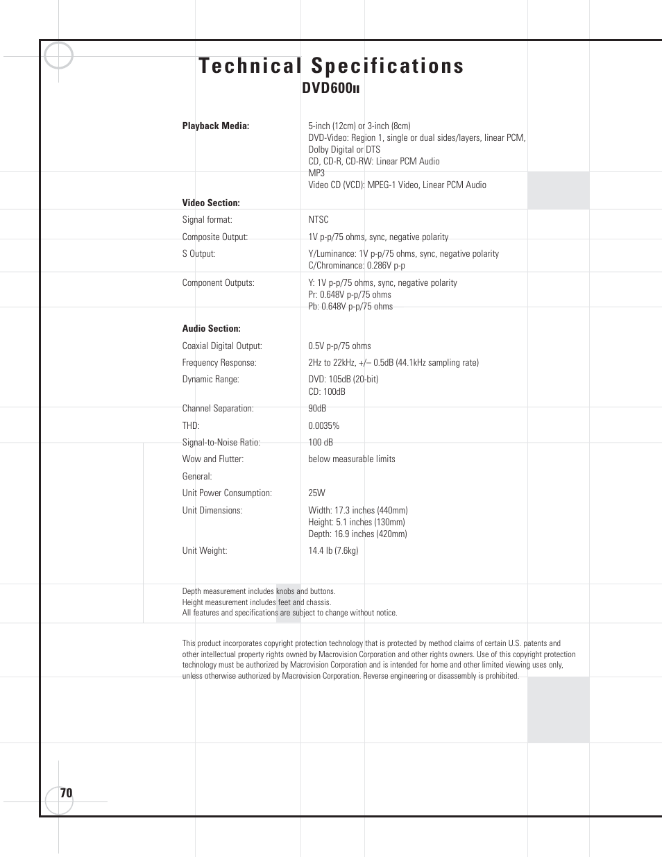 Technical specifications, Dvd600 | JBL DVD600II User Manual | Page 70 / 72