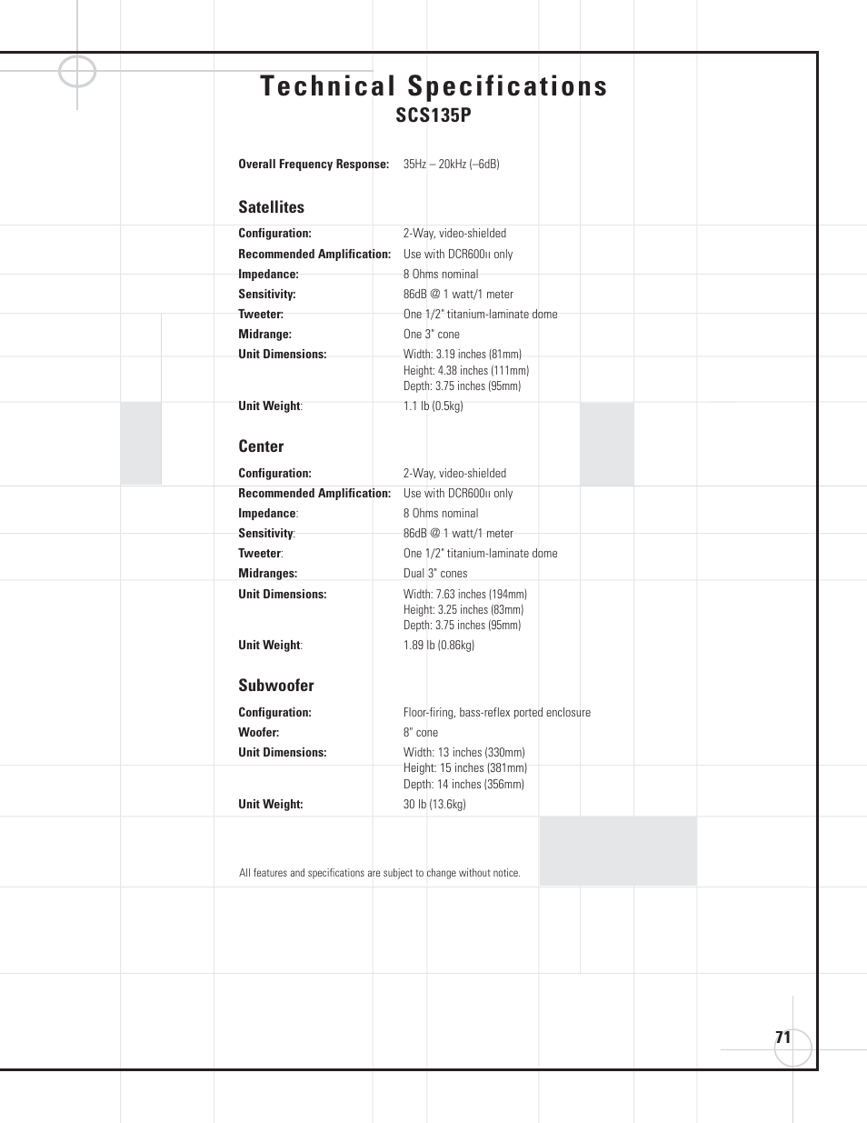 Technical specifications, Scs135p, Satellites | Center, Subwoofer | JBL DVD600II User Manual | Page 71 / 72