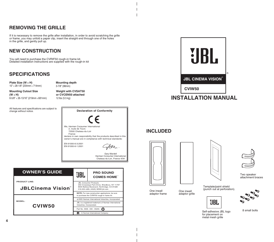 JBL Cinema Vision CVIW50 User Manual | 2 pages