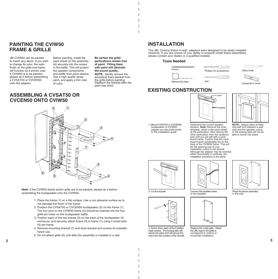 Painting the cviw50 frame & grille, Existing construction installation | JBL Cinema Vision CVIW50 User Manual | Page 2 / 2