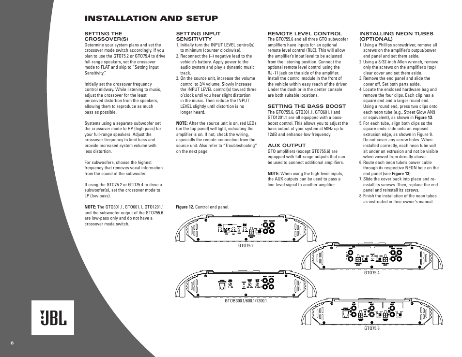 Settings & controls, Installation and setup | JBL GTO755.6 User Manual | Page 6 / 8