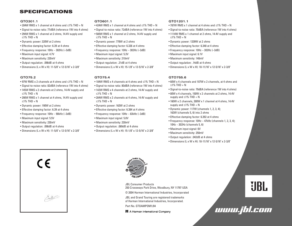 Specs, Specifications | JBL GTO755.6 User Manual | Page 8 / 8