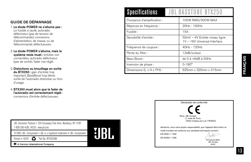 JBL BASSTUBE BTX250 User Manual | Page 13 / 33