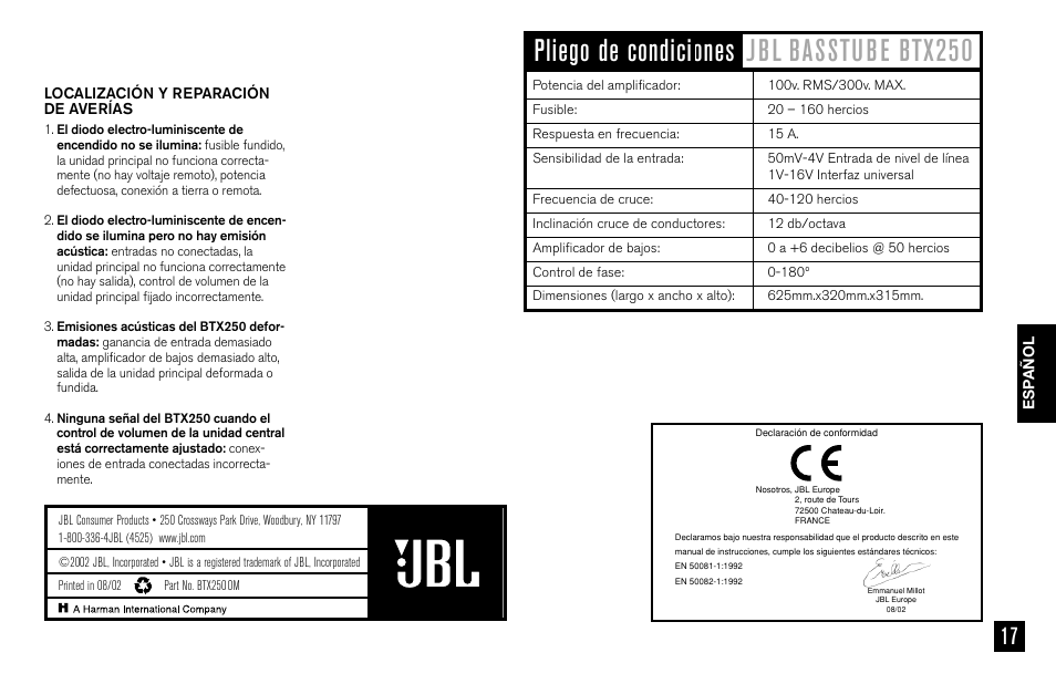 JBL BASSTUBE BTX250 User Manual | Page 17 / 33