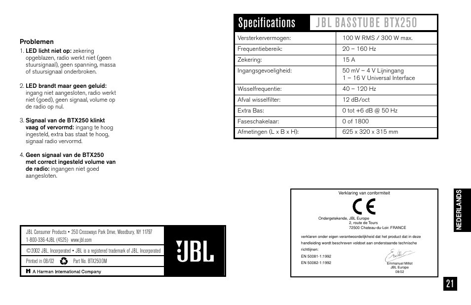 JBL BASSTUBE BTX250 User Manual | Page 21 / 33