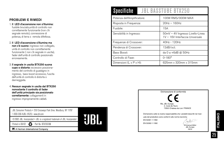 JBL BASSTUBE BTX250 User Manual | Page 25 / 33