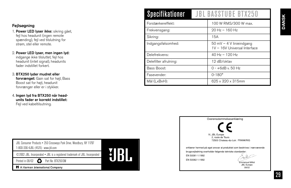 JBL BASSTUBE BTX250 User Manual | Page 29 / 33