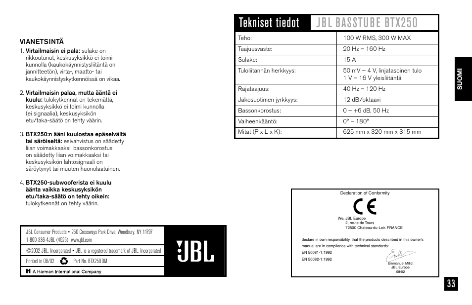 JBL BASSTUBE BTX250 User Manual | Page 33 / 33