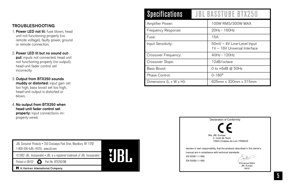 JBL BASSTUBE BTX250 User Manual | Page 5 / 33