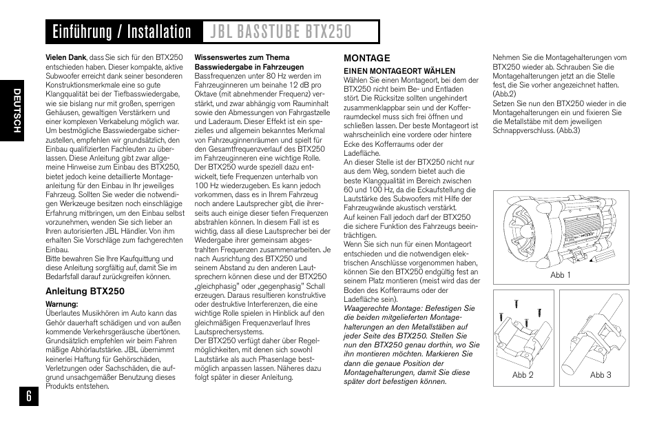 JBL BASSTUBE BTX250 User Manual | Page 6 / 33