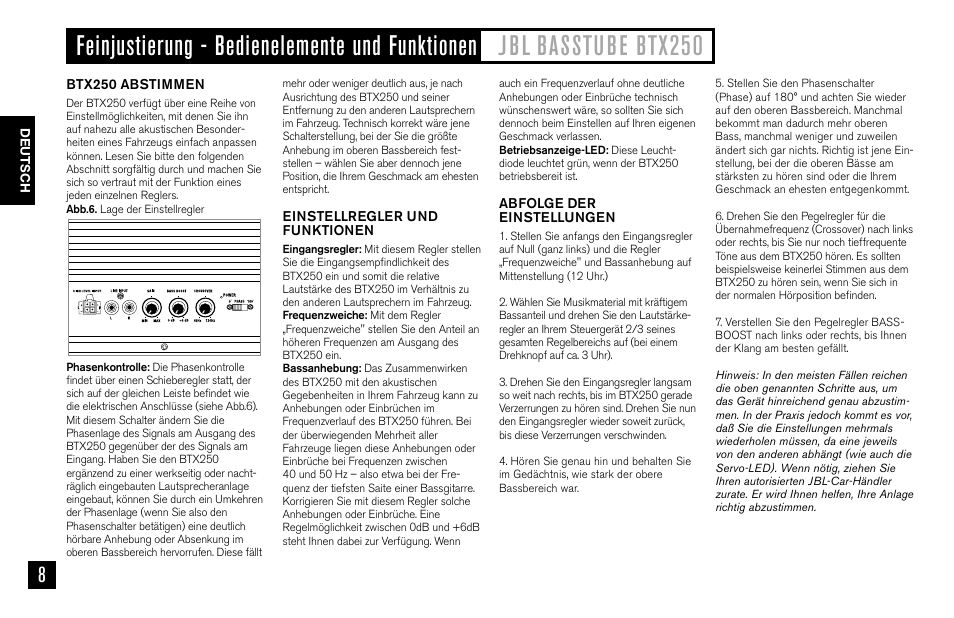 JBL BASSTUBE BTX250 User Manual | Page 8 / 33