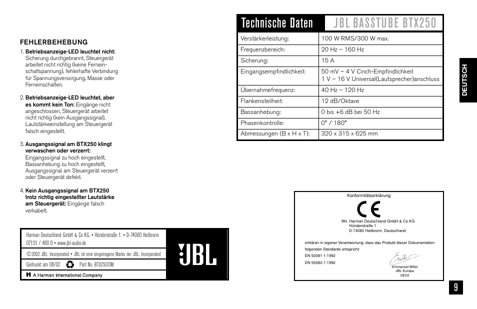 JBL BASSTUBE BTX250 User Manual | Page 9 / 33