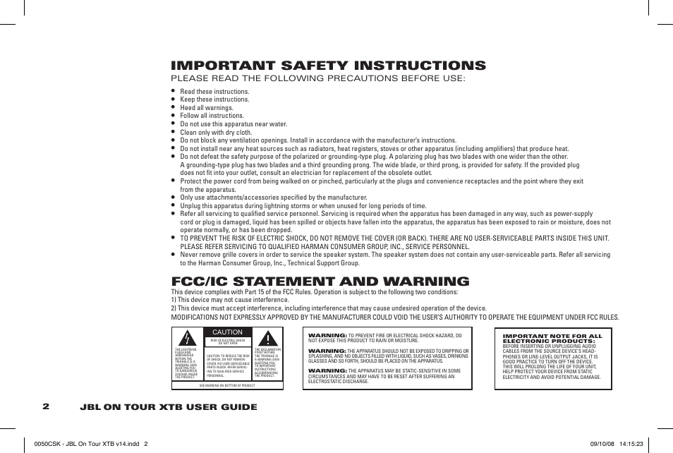 Important safety instructions, Fcc/ic statement and warning | JBL 950-0224-001 User Manual | Page 2 / 11