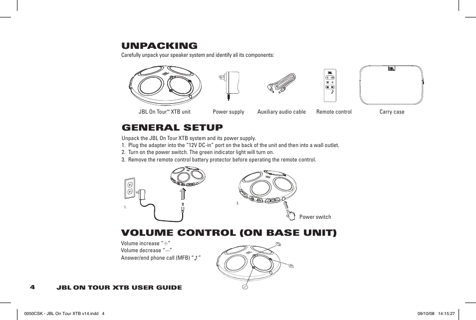 Unpacking, General setup, Volume control (on base unit) | JBL 950-0224-001 User Manual | Page 4 / 11