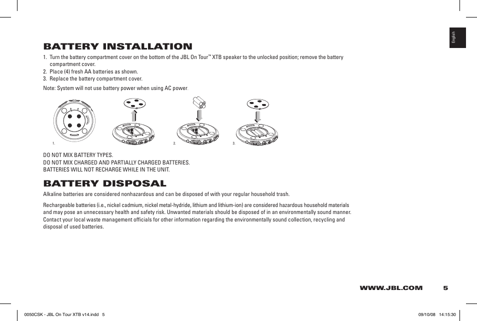 Battery installation, Battery disposal | JBL 950-0224-001 User Manual | Page 5 / 11