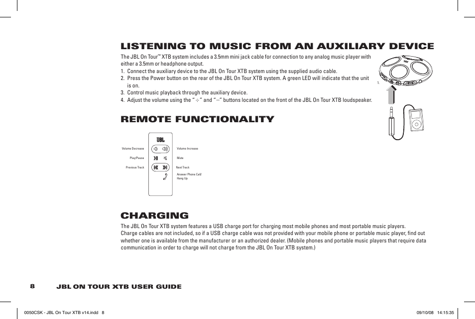 Listening to music from an auxiliary device, Remote functionality, Charging | JBL 950-0224-001 User Manual | Page 8 / 11