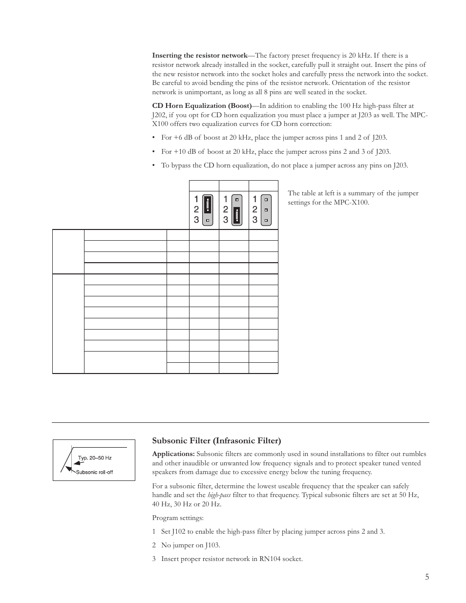 Iv. typical configurations, Subsonic filter (infrasonic filter) | JBL MPC-X100 100 Hz User Manual | Page 5 / 8