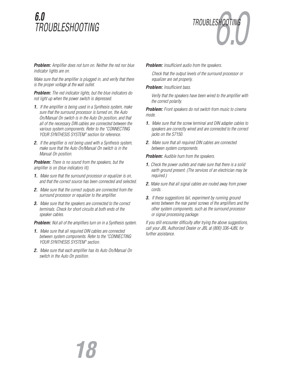 0 troubleshooting, Troubleshooting | JBL S7150 User Manual | Page 18 / 20