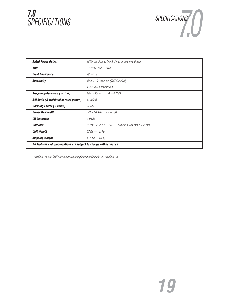 0 specifications, Specifications | JBL S7150 User Manual | Page 19 / 20