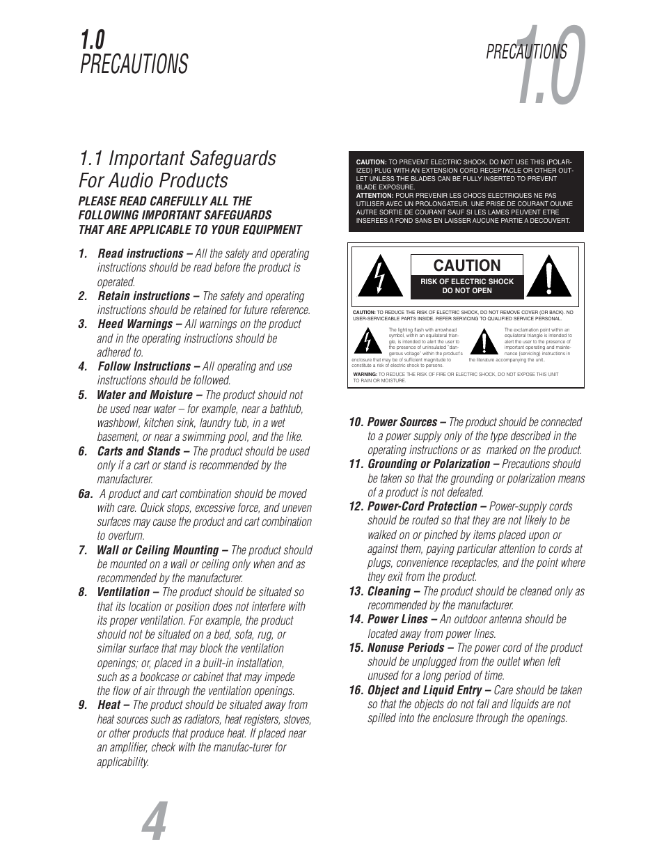 0 precautions, 1 important safeguards for audio products, Precautions | JBL S7150 User Manual | Page 4 / 20