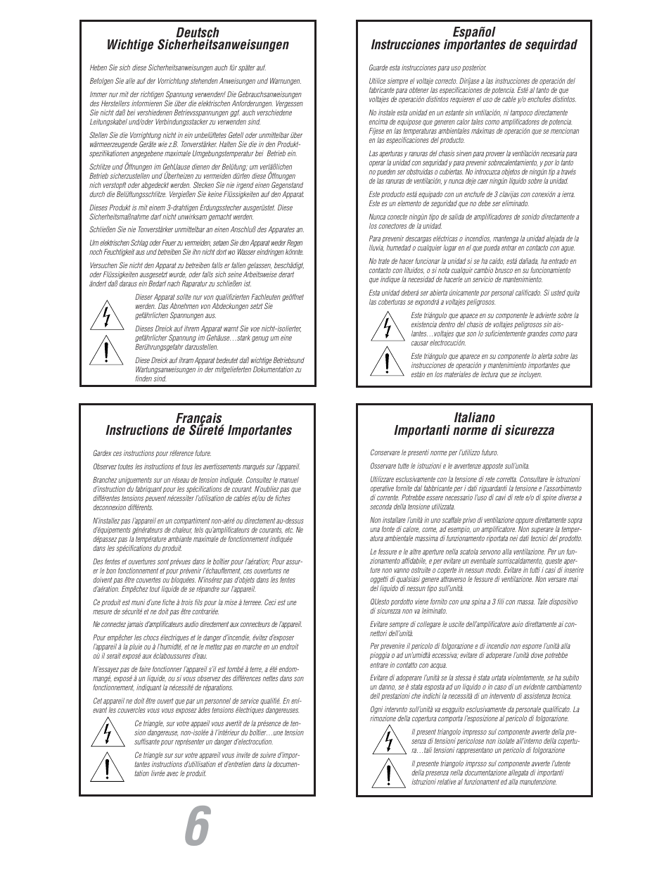 Français instructions de sûreté importantes, Español instrucciones importantes de sequirdad, Italiano importanti norme di sicurezza | Deutsch wichtige sicherheitsanweisungen | JBL S7150 User Manual | Page 6 / 20