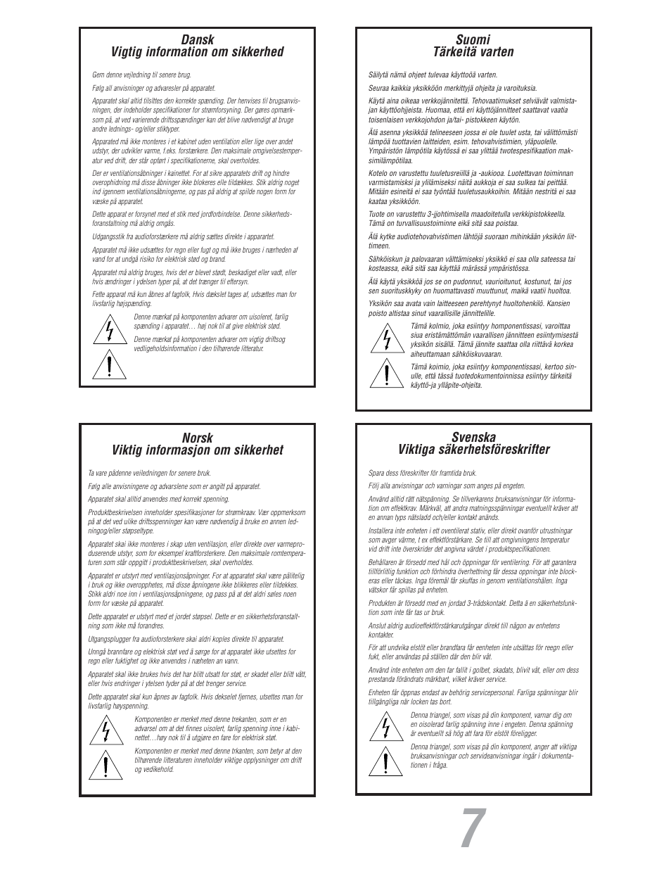 Dansk vigtig information om sikkerhed, Suomi tärkeitä varten, Norsk viktig informasjon om sikkerhet | Svenska viktiga säkerhetsföreskrifter | JBL S7150 User Manual | Page 7 / 20