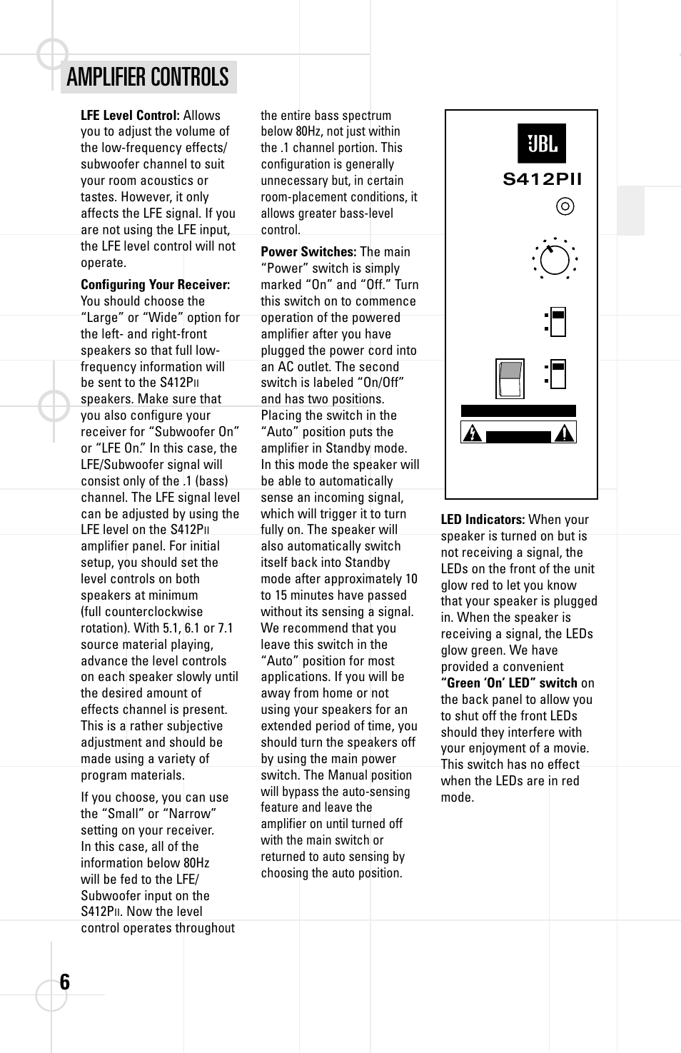 Amplifier controls, S412pii | JBL S412PII User Manual | Page 6 / 8