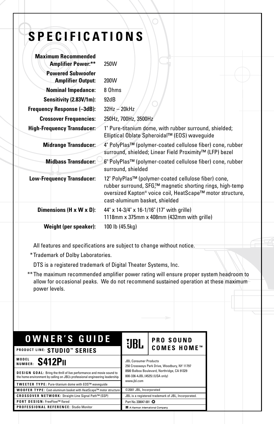 S412p | JBL S412PII User Manual | Page 8 / 8