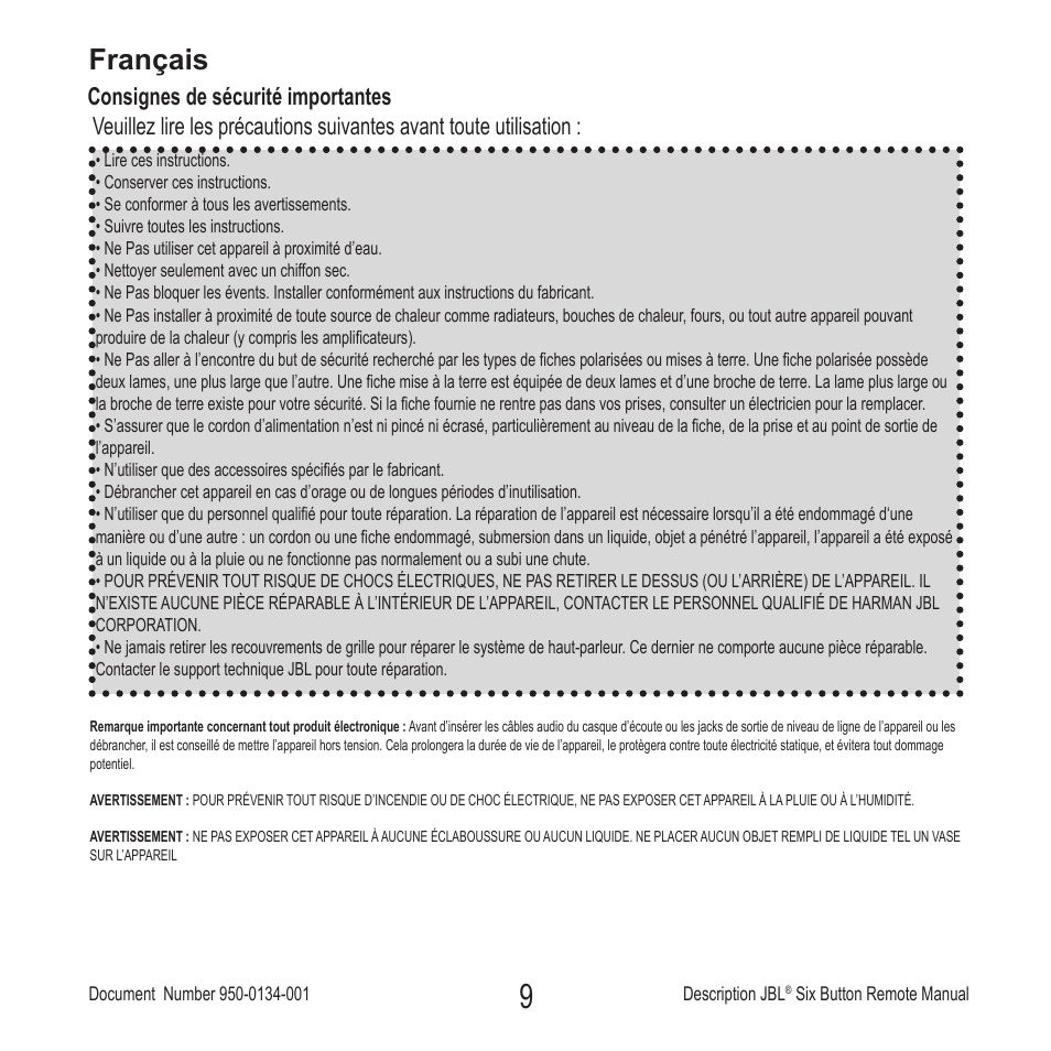 Français | JBL Six Button Remote User Manual | Page 10 / 26