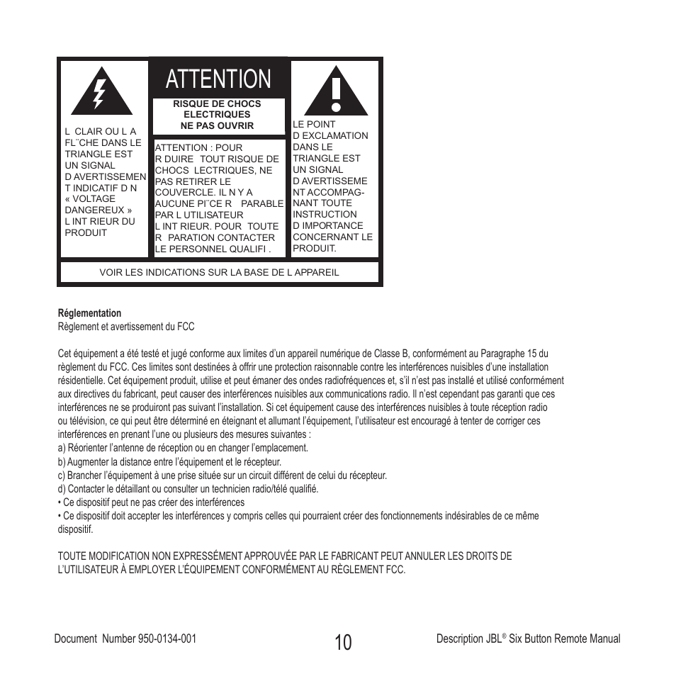 Attention | JBL Six Button Remote User Manual | Page 11 / 26