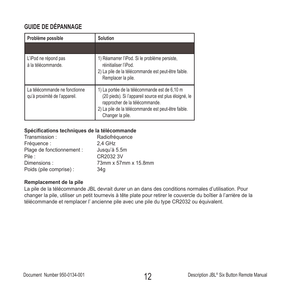 Guide de dépannage | JBL Six Button Remote User Manual | Page 13 / 26