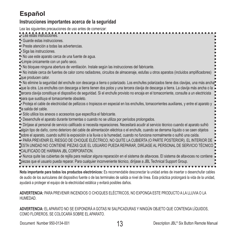 Español, Instrucciones importantes acerca de la seguridad | JBL Six Button Remote User Manual | Page 14 / 26