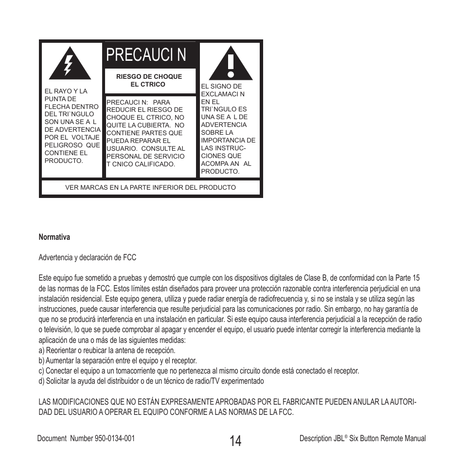 Precauci n | JBL Six Button Remote User Manual | Page 15 / 26