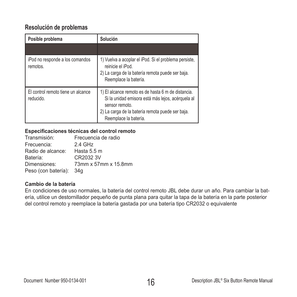 Resolución de problemas | JBL Six Button Remote User Manual | Page 17 / 26