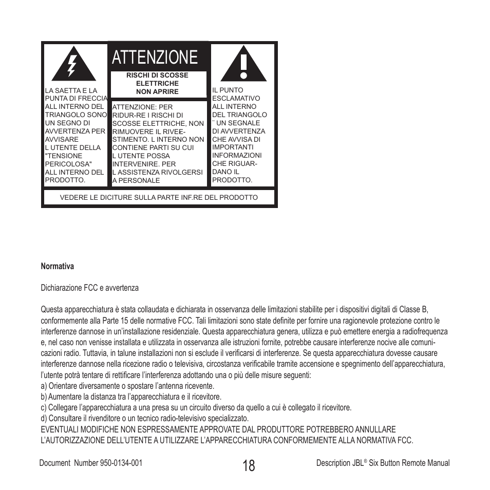 Attenzione | JBL Six Button Remote User Manual | Page 19 / 26