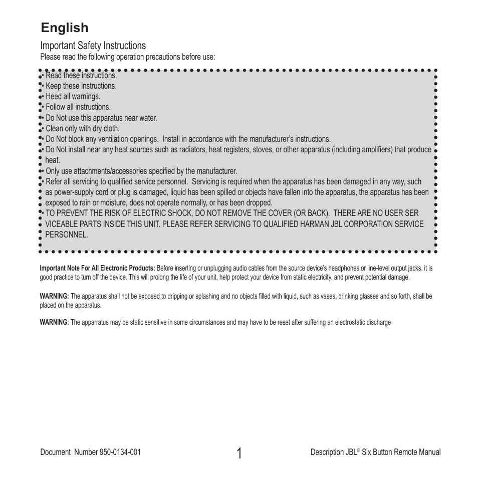 English, Important safety instructions | JBL Six Button Remote User Manual | Page 2 / 26