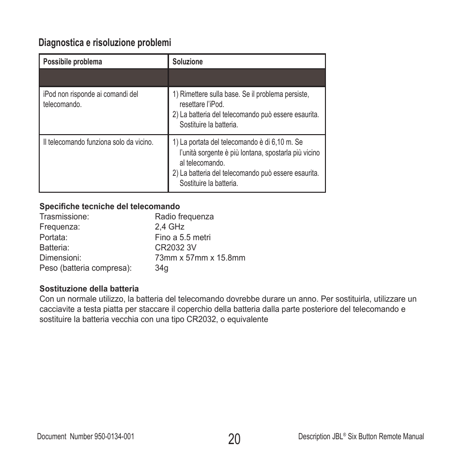 Diagnostica e risoluzione problemi | JBL Six Button Remote User Manual | Page 21 / 26