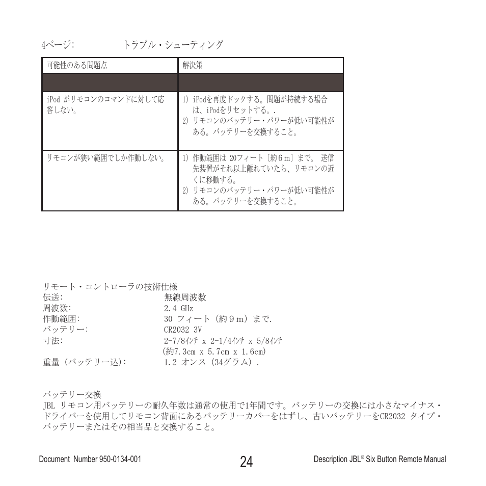 4ページ: トラブル・シューティング | JBL Six Button Remote User Manual | Page 25 / 26