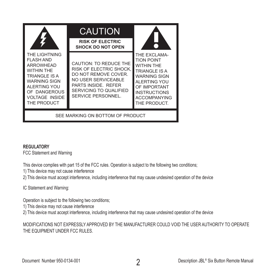 Caution | JBL Six Button Remote User Manual | Page 3 / 26