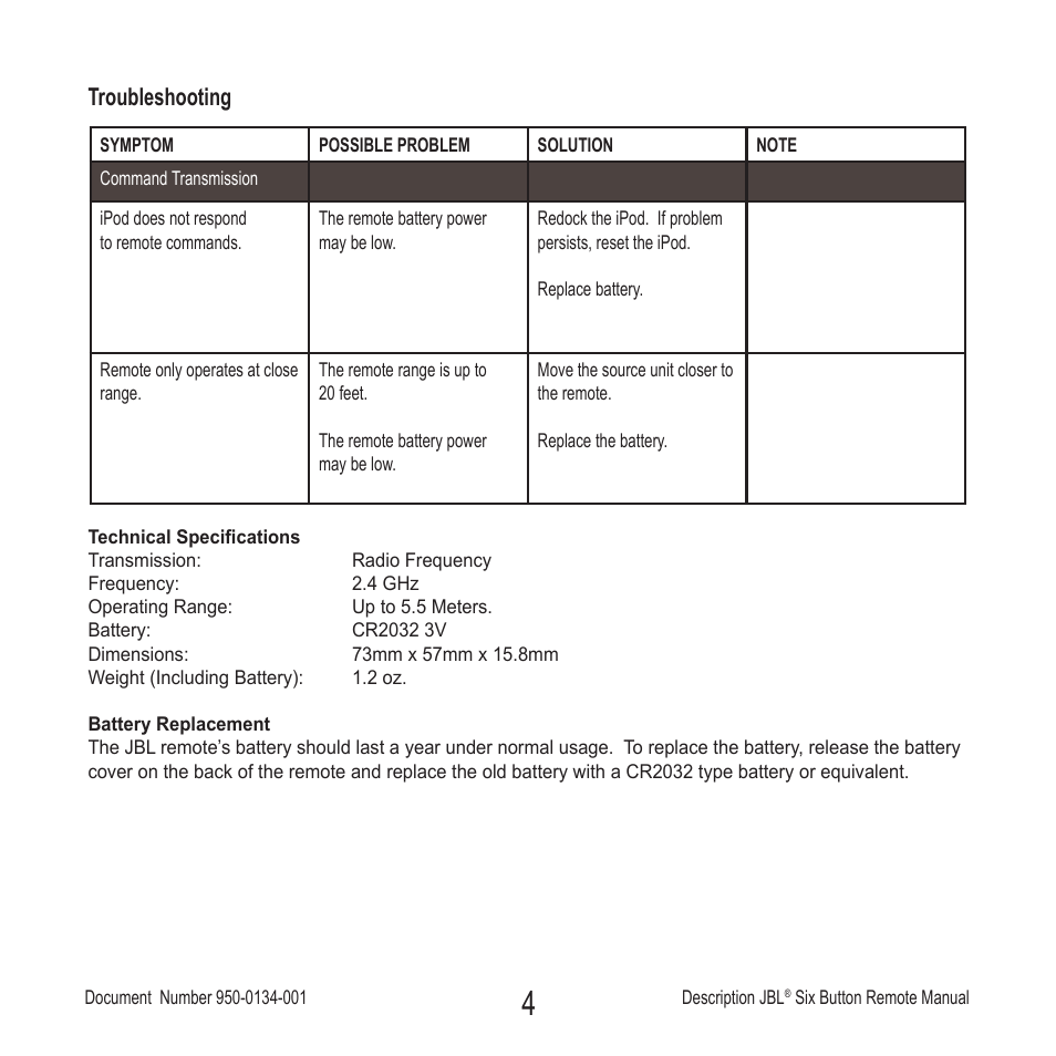 Troubleshooting | JBL Six Button Remote User Manual | Page 5 / 26