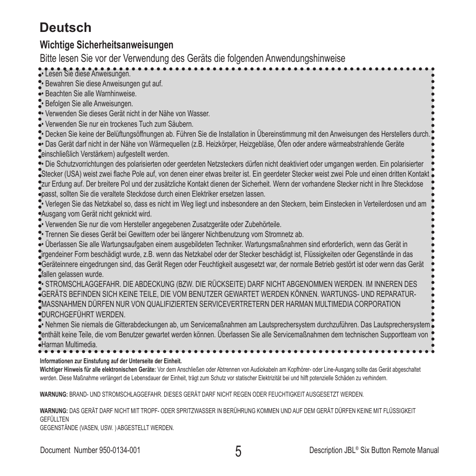 Deutsch | JBL Six Button Remote User Manual | Page 6 / 26