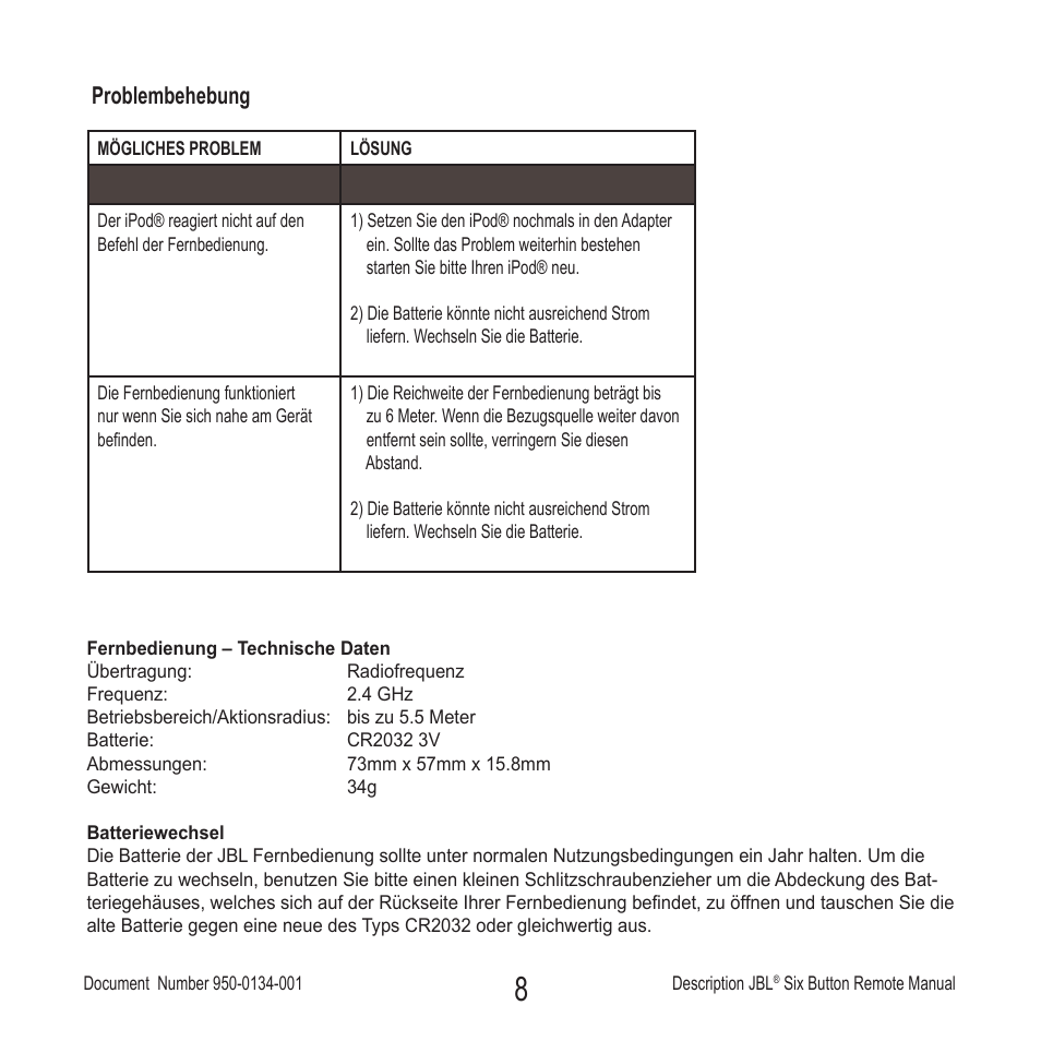 Problembehebung | JBL Six Button Remote User Manual | Page 9 / 26