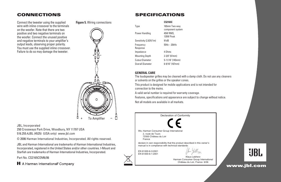 Connections, Specifications | JBL CS2165C User Manual | Page 4 / 4