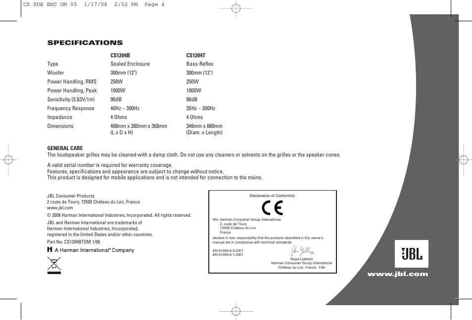 JBL CS1204T User Manual | Page 4 / 4