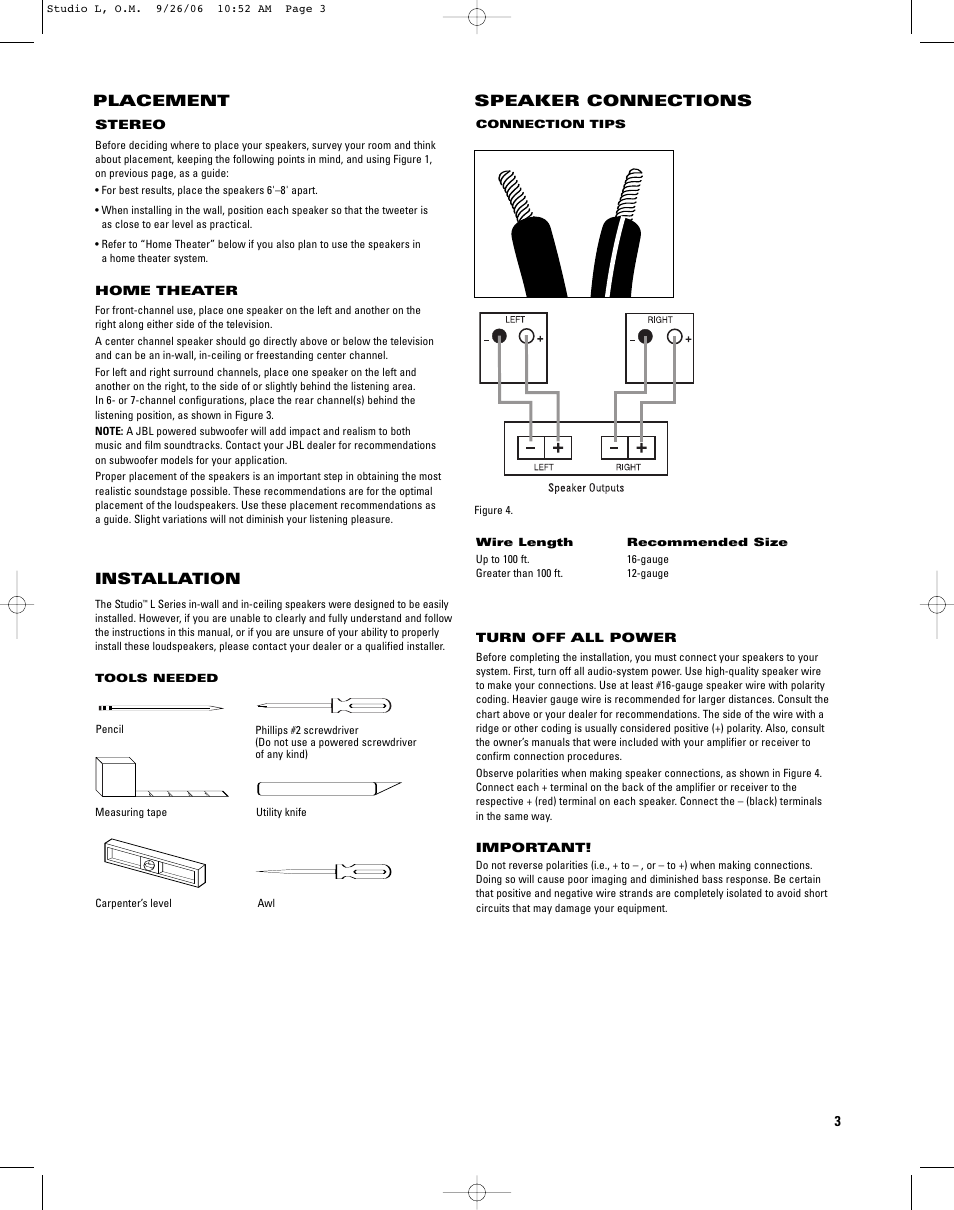 Placement, Installation, Speaker connections | JBL L226C User Manual | Page 3 / 8