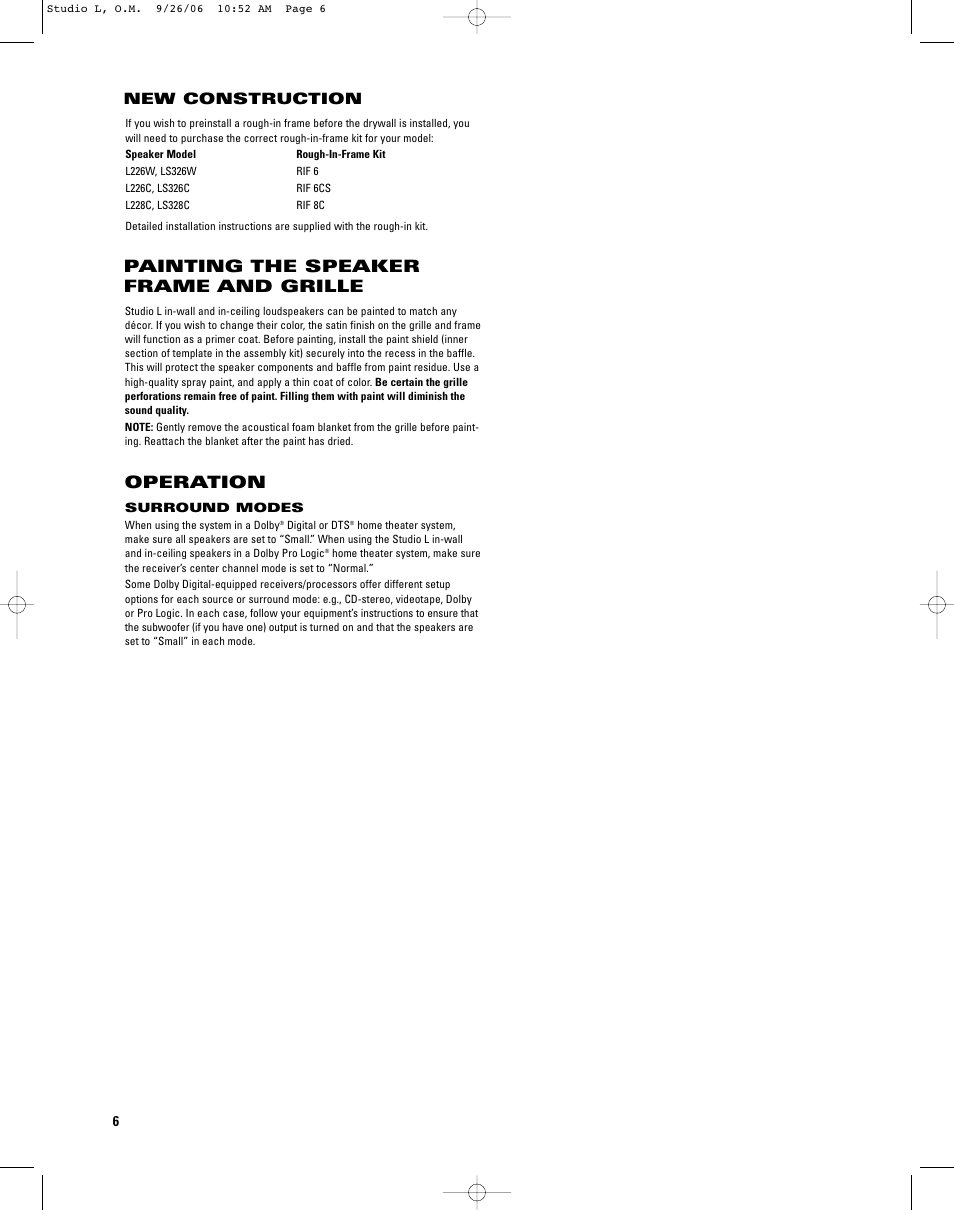 Painting the speaker frame and grille, Operation, New construction | JBL L226C User Manual | Page 6 / 8