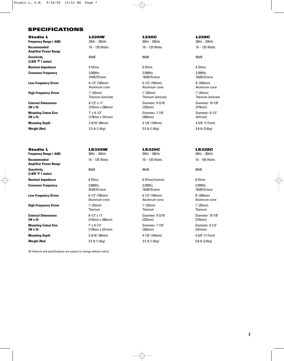 Specifications | JBL L226C User Manual | Page 7 / 8