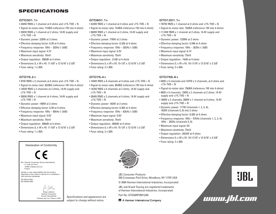 Specifications | JBL gto601.1 II User Manual | Page 8 / 8