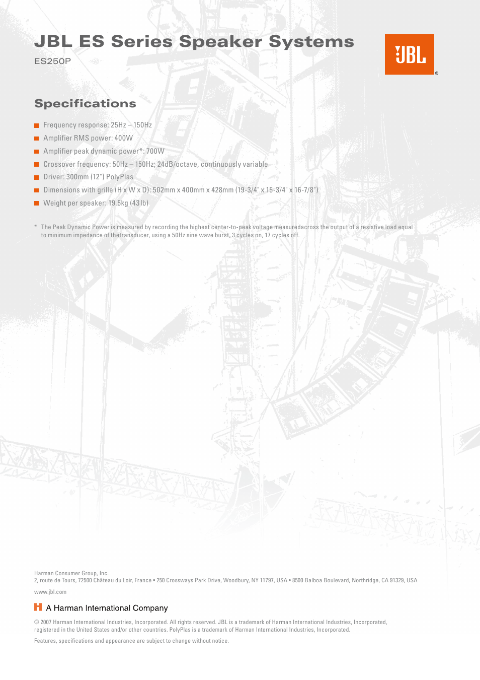 Jbl es series speaker systems, Specifications | JBL ES Series User Manual | Page 2 / 2