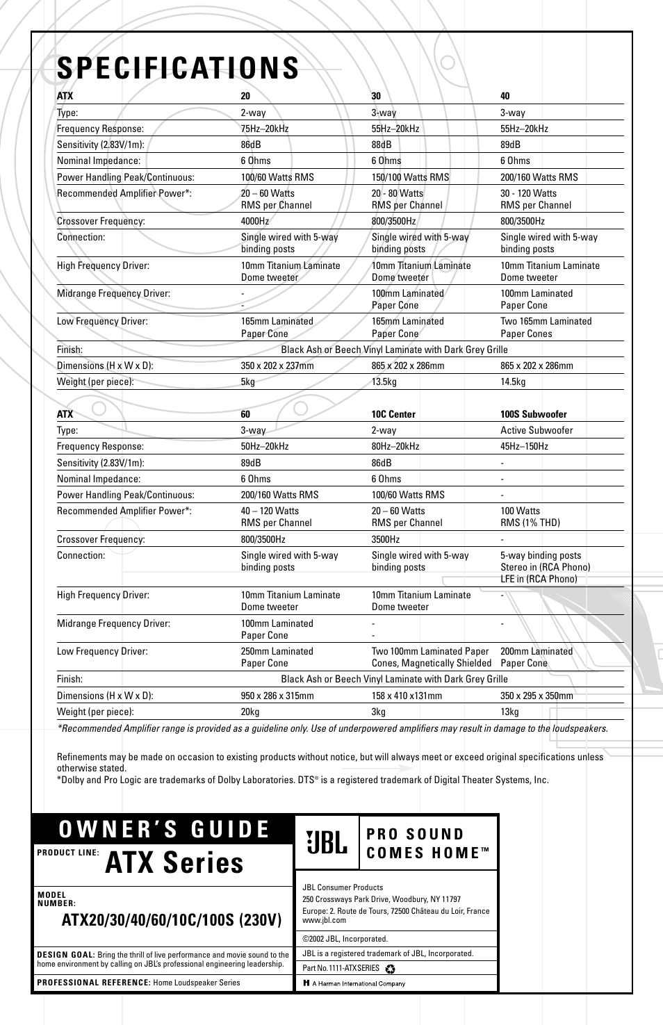 Atx series, Specifications | JBL ATX100S User Manual | Page 10 / 10